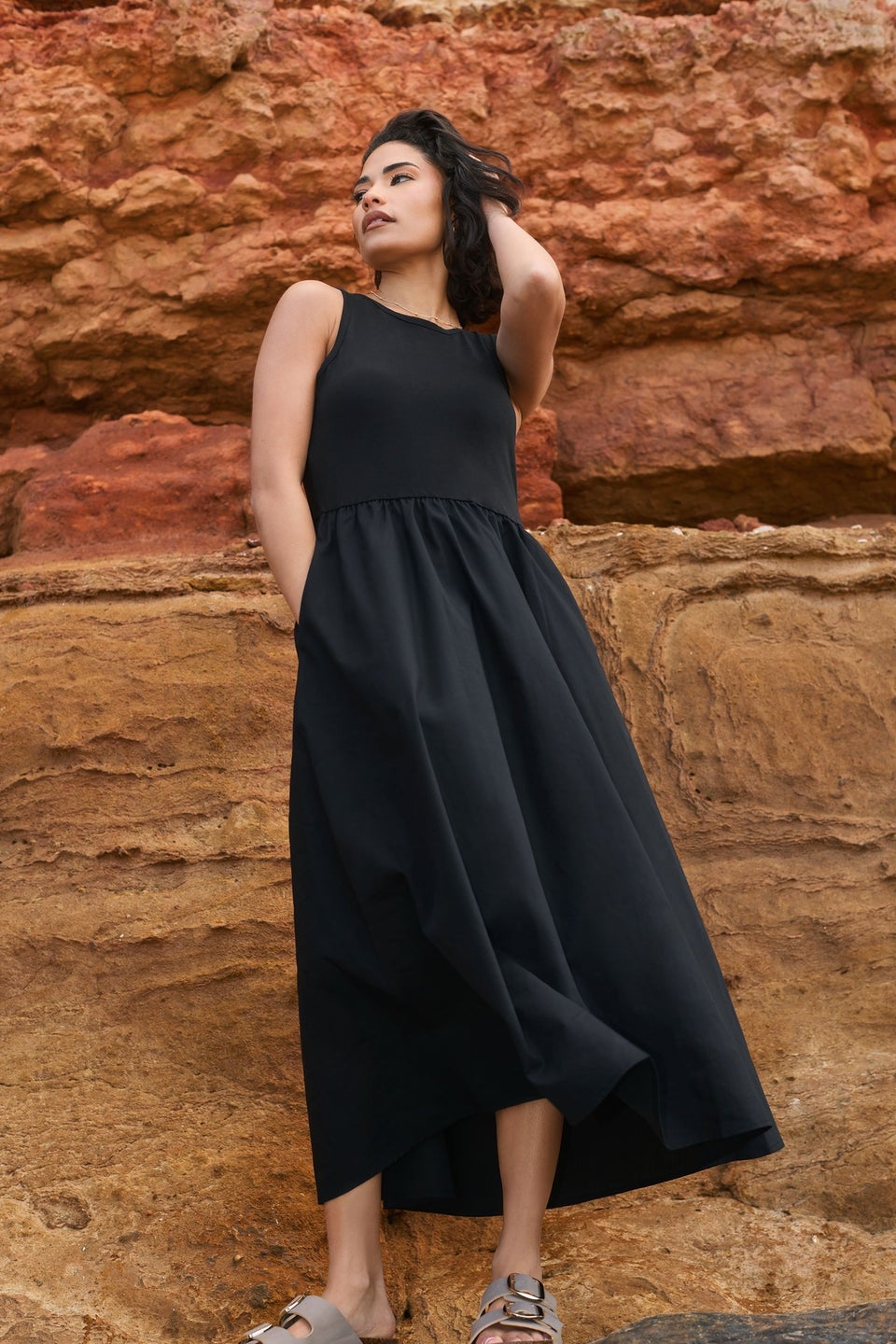Pixiegirl Black Jersey & Woven Mix Fabric Midaxi Dress