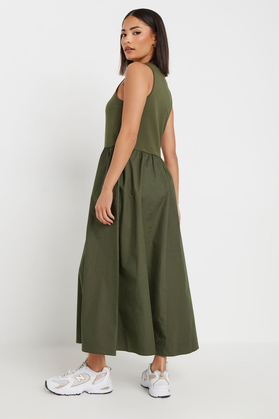 PixieGirl Petite Khaki Green Jersey & Woven Mix Fabric Midaxi Dress