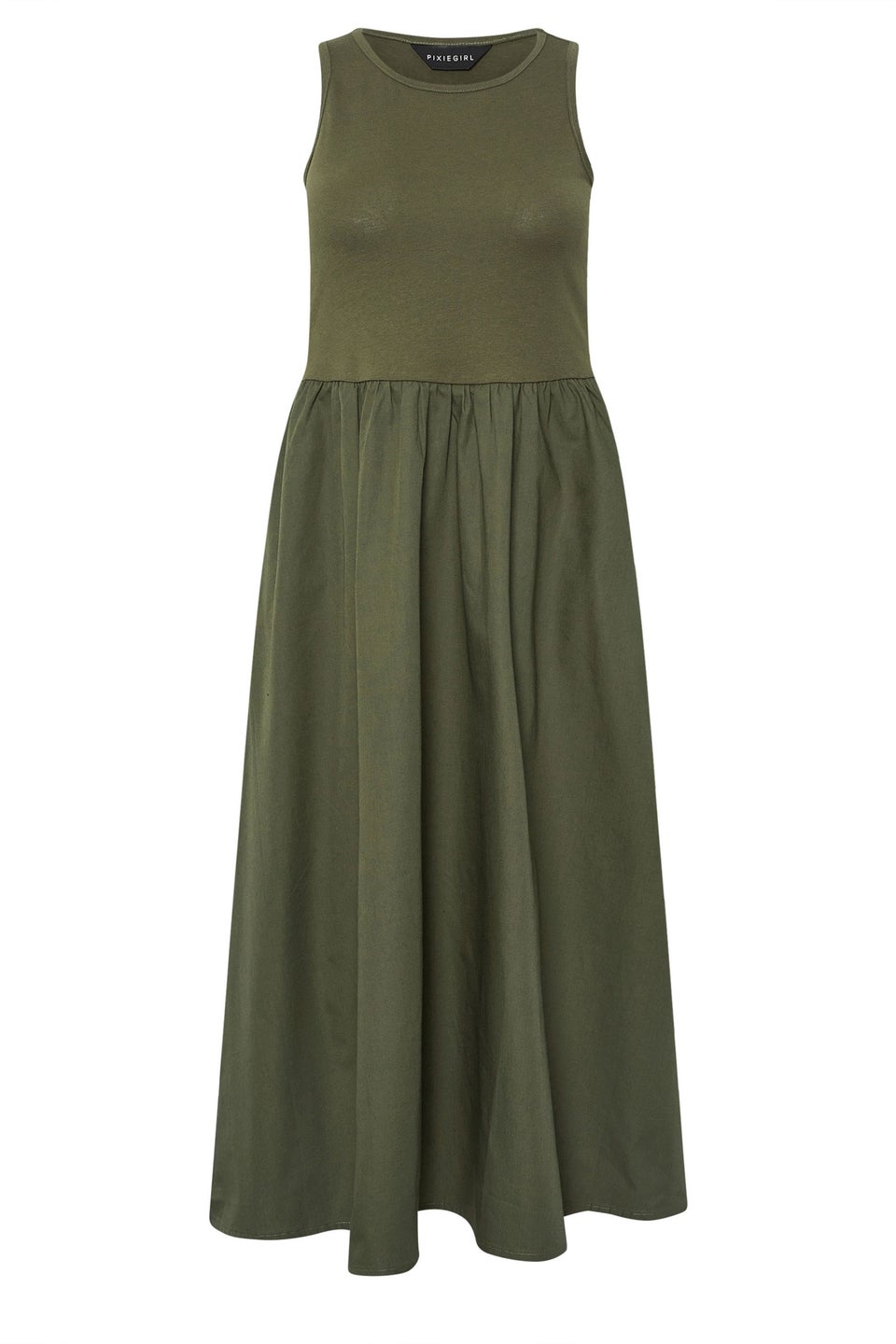 PixieGirl Petite Khaki Green Jersey & Woven Mix Fabric Midaxi Dress