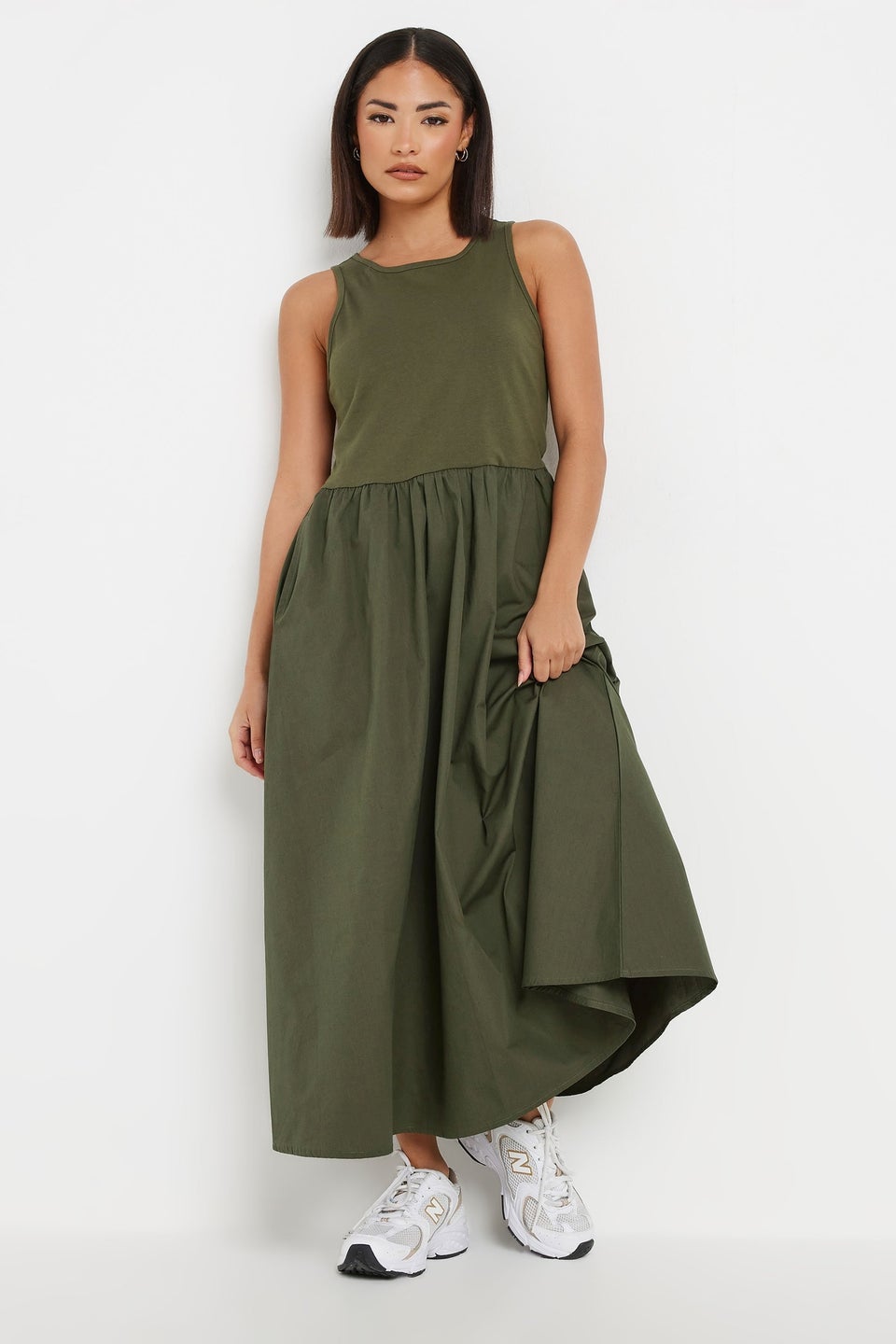 PixieGirl Petite Khaki Green Jersey & Woven Mix Fabric Midaxi Dress