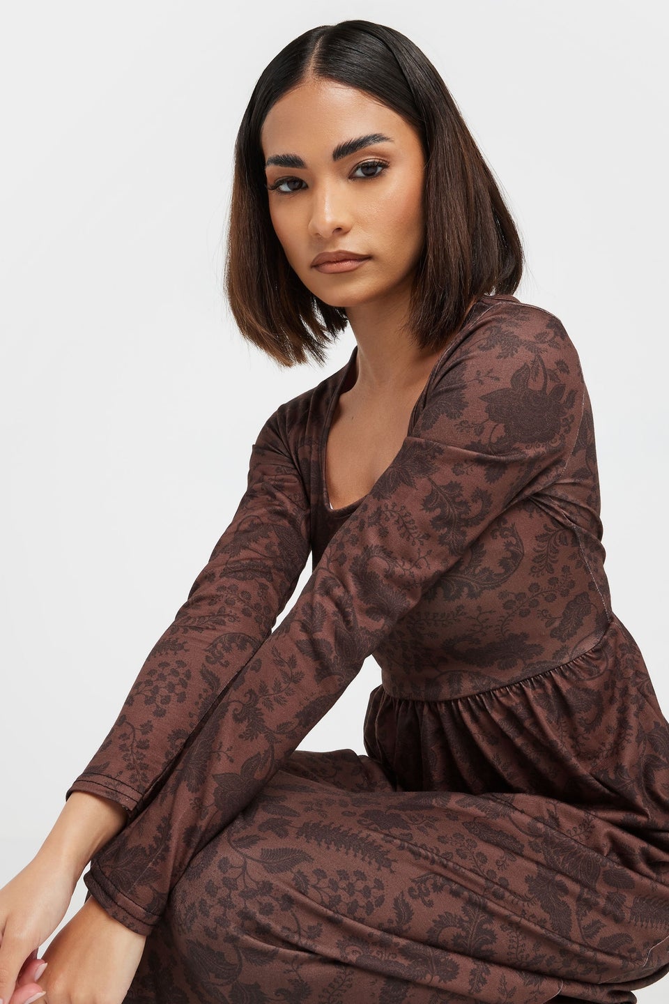 PixieGirl Petite Brown Paisley Print Midi Tea Dress