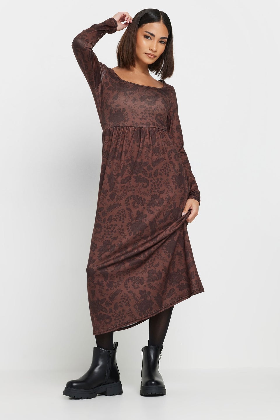 Pixiegirl Petite Brown Paisley Print Midi Tea Dress
