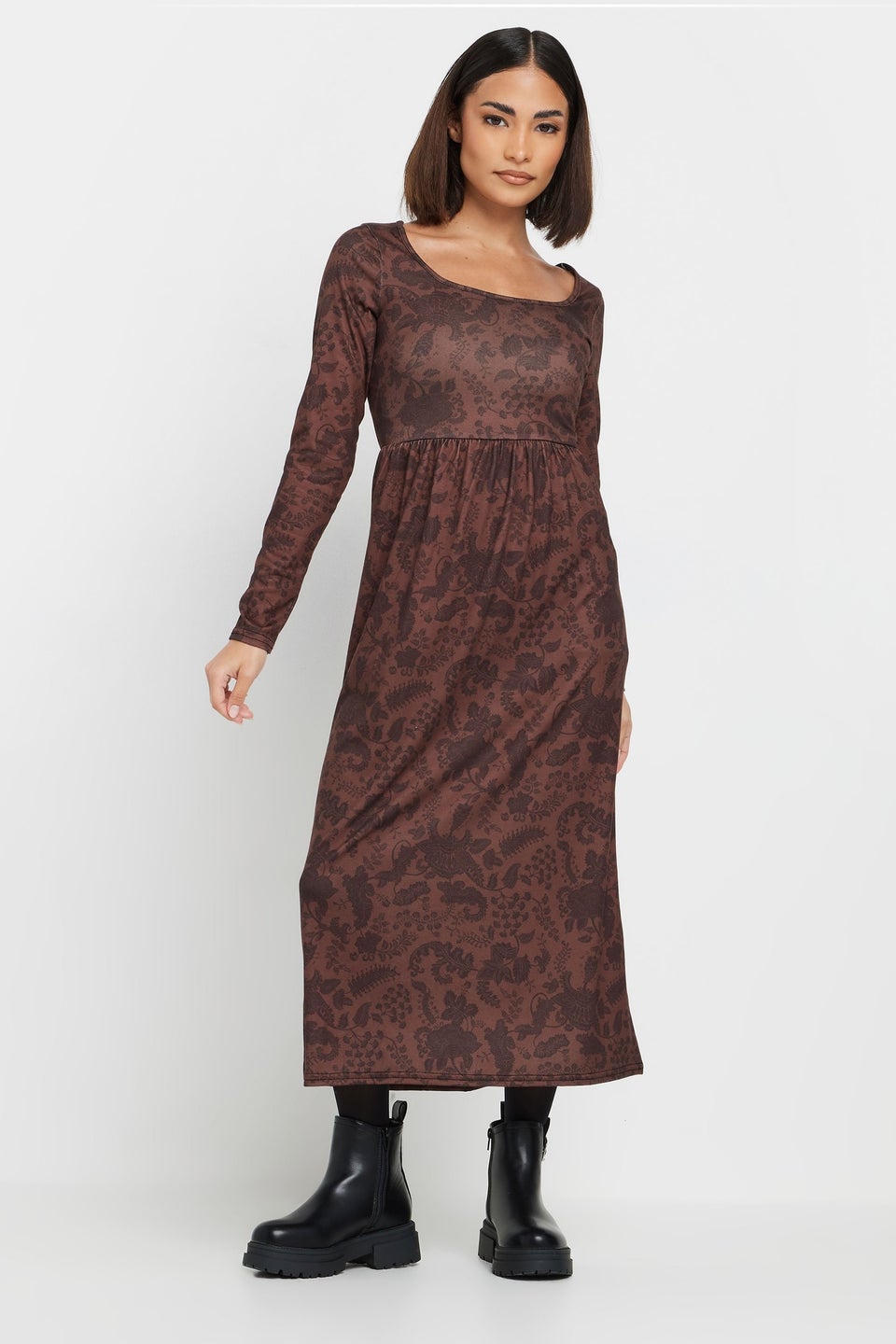 Pixiegirl Petite Brown Paisley Print Midi Tea Dress