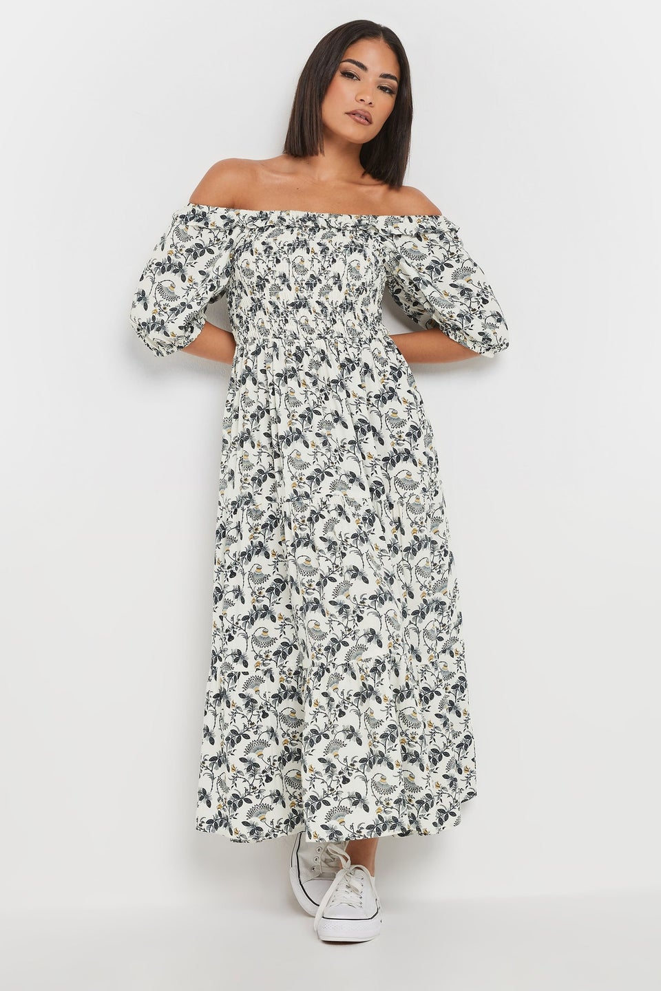 Pixiegirl White Paisley Floral Tiered Bardot Dress