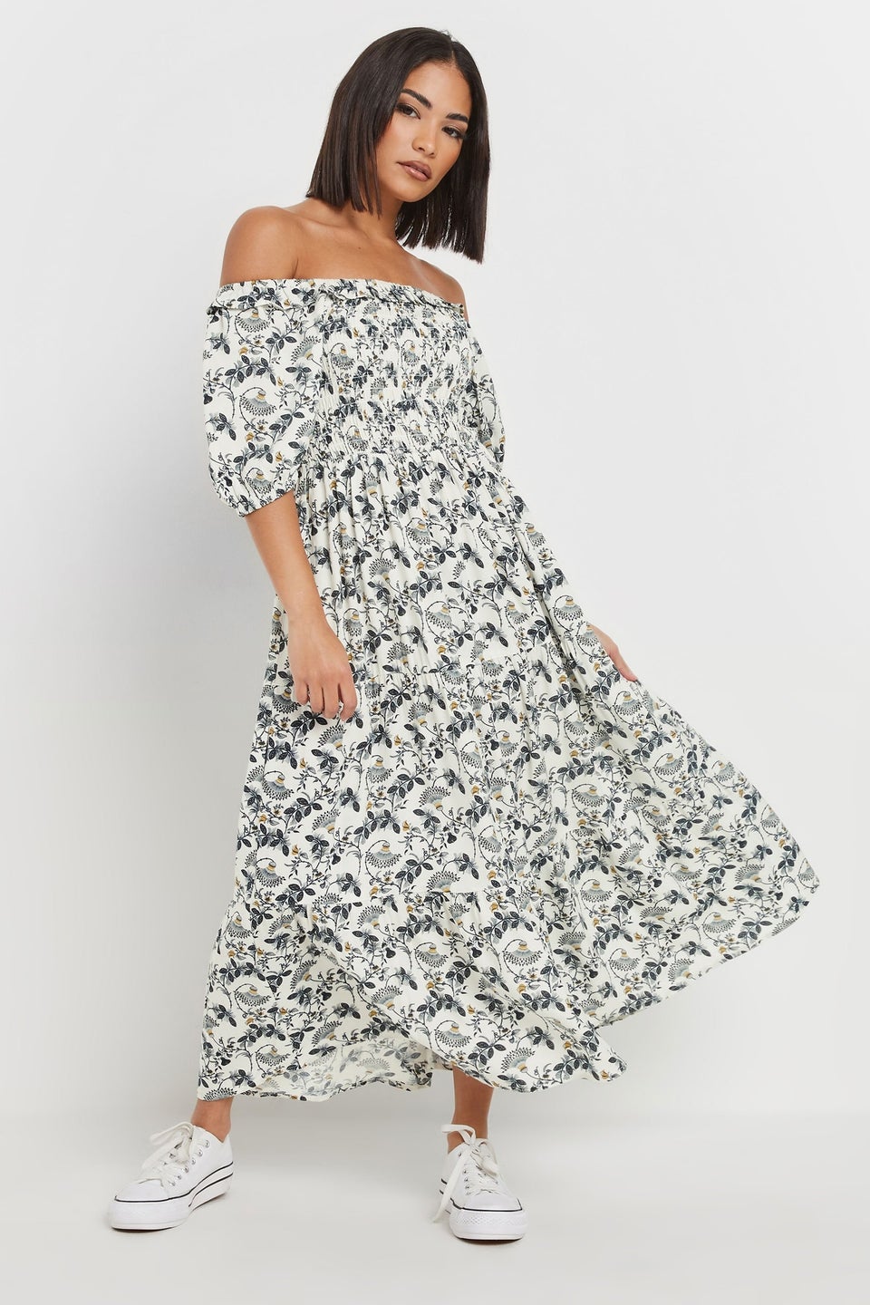 Pixiegirl White Paisley Floral Tiered Bardot Dress