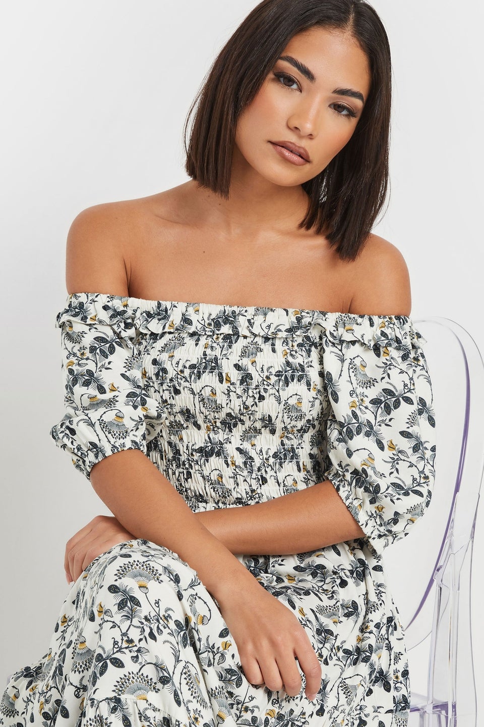 Pixiegirl White Paisley Floral Tiered Bardot Dress