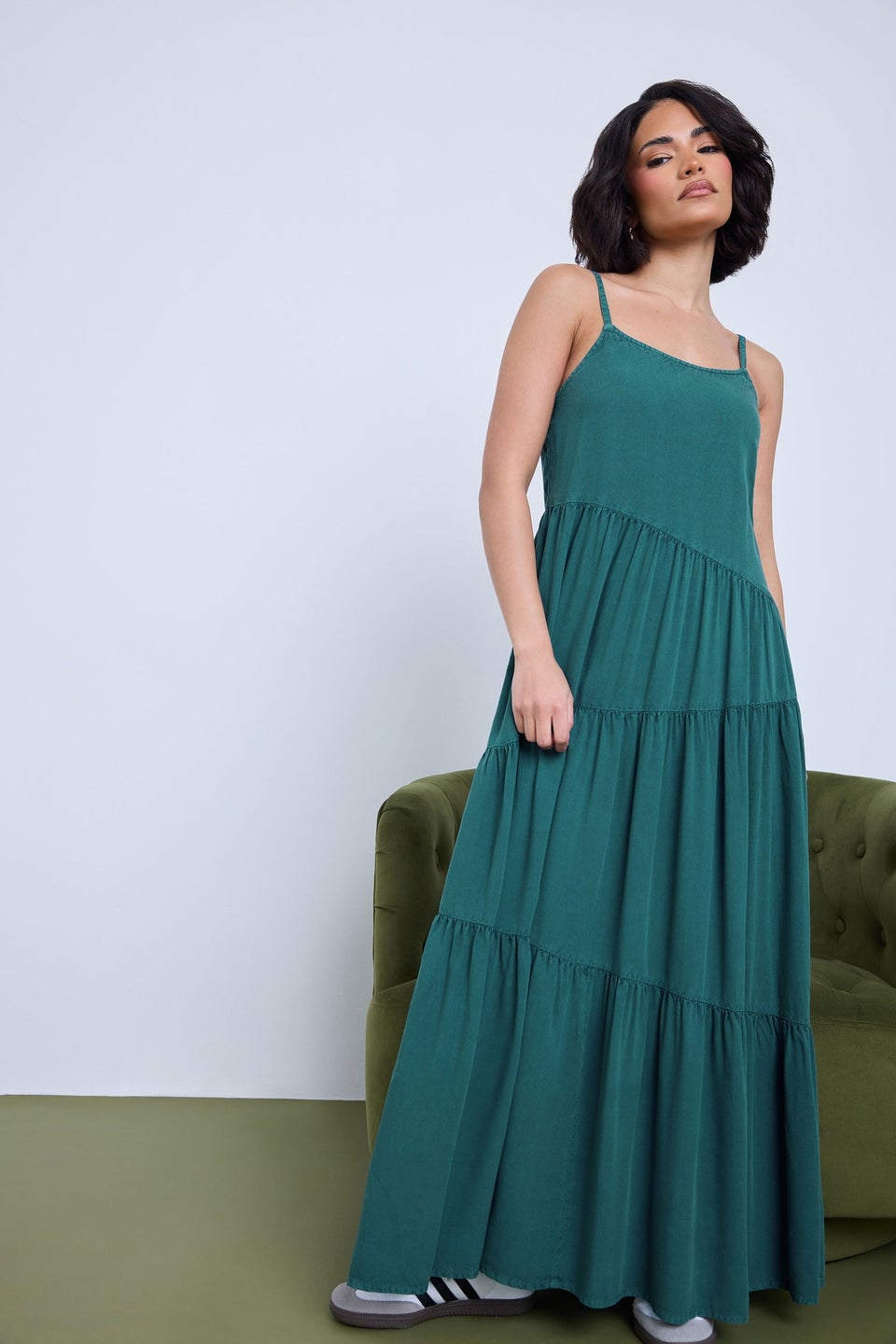 Pixiegirl Teal Green Acid Wash Asymmetric Tiered Maxi Dress