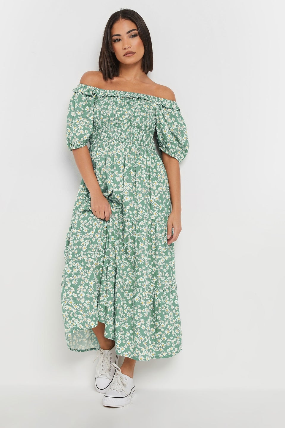 Pixiegirl Green Daisy Tiered Bardot Dress