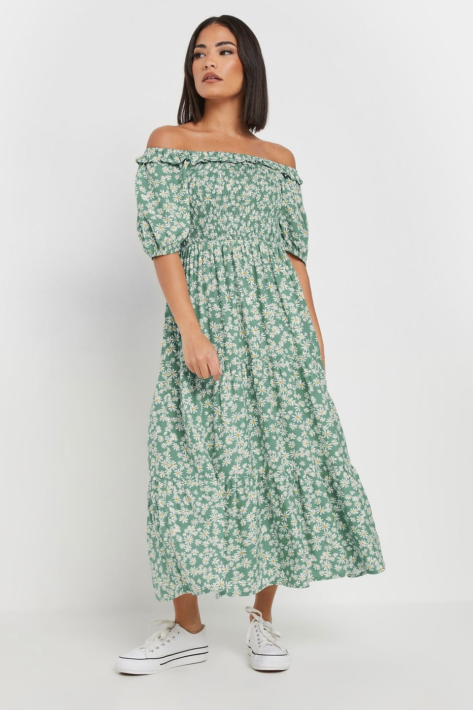 Pixiegirl Green Daisy Tiered Bardot Dress