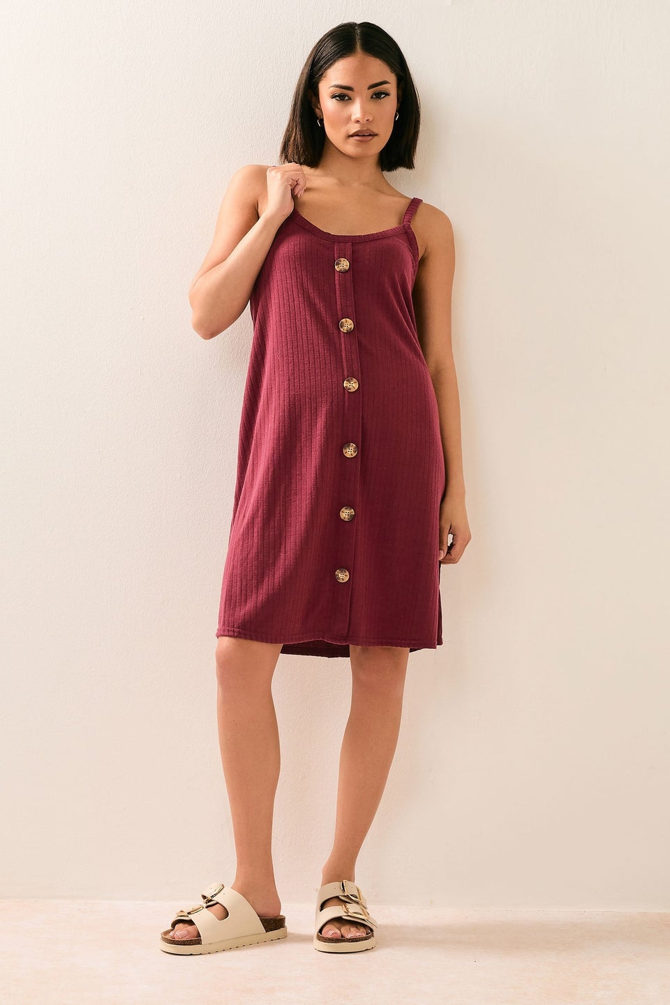 Pixiegirl Burgundy Red Ribbed Button Mini Dress