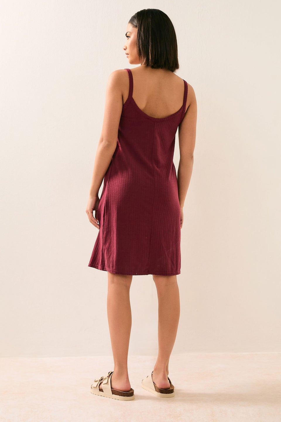 Pixiegirl Burgundy Red Ribbed Button Mini Dress