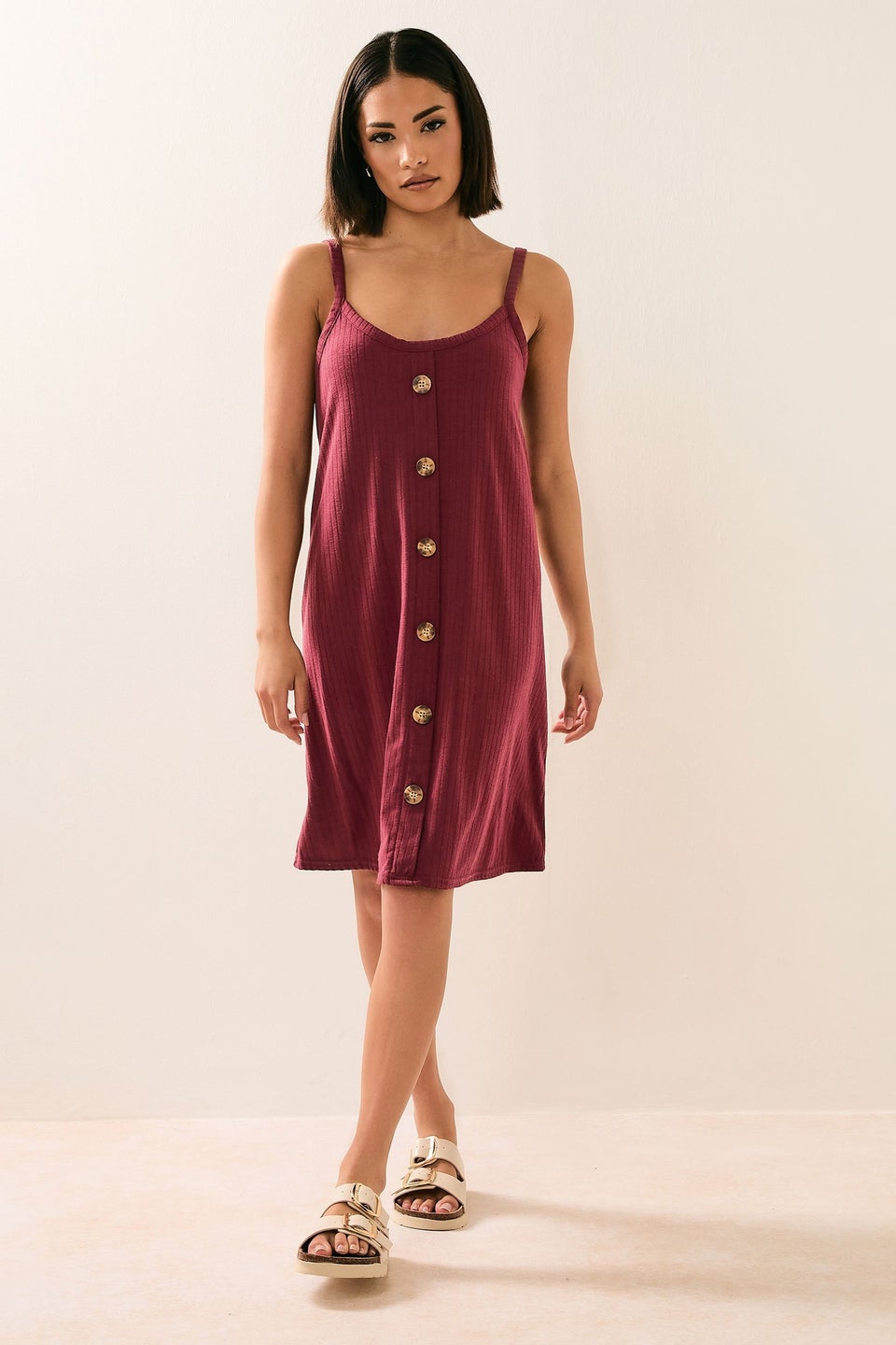 Pixiegirl Burgundy Red Ribbed Button Mini Dress
