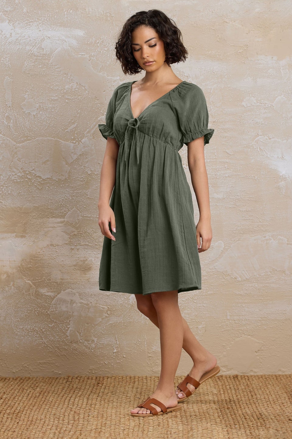Pixiegirl Khaki Green Tie Front Mini Dress