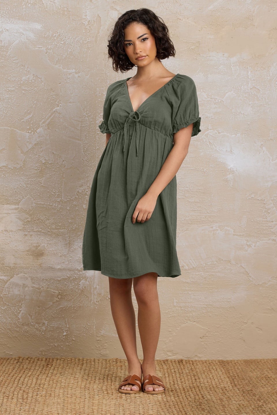 Pixiegirl Khaki Green Tie Front Mini Dress