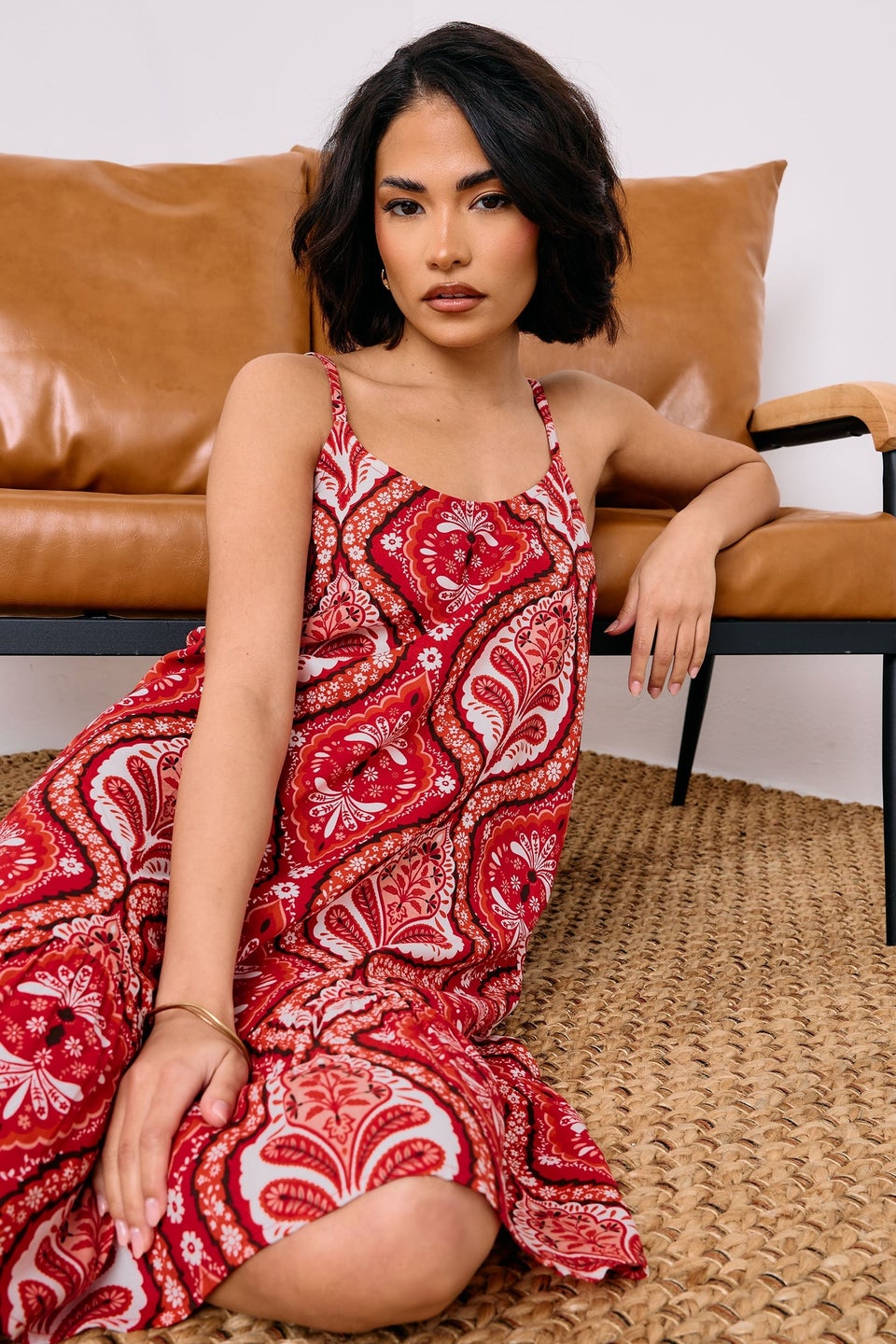 Pixiegirl Red Paisley Print Slip Midi Dress