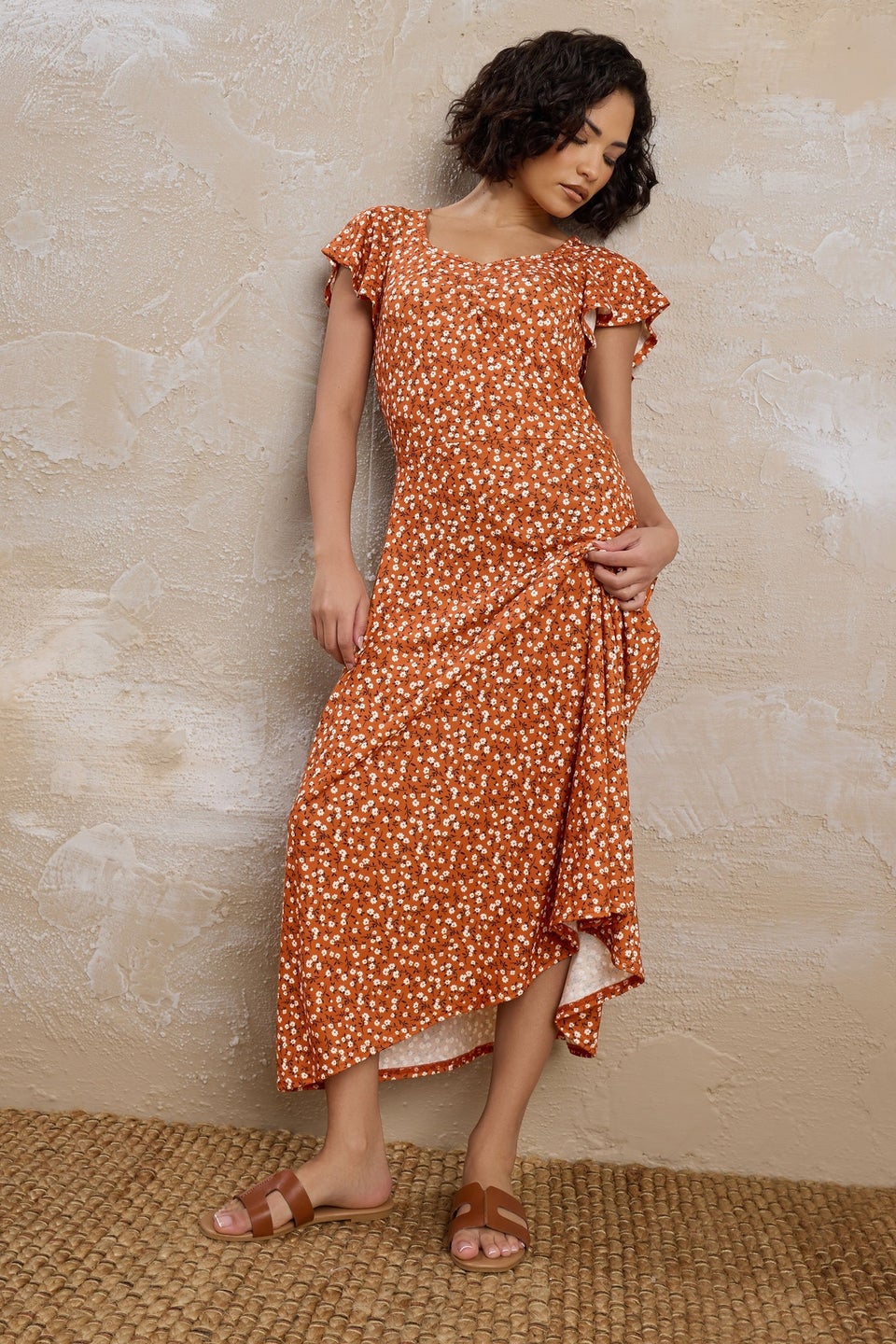 Pixiegirl Rust Orange Ditsy Floral Flutter Sleeve Dress