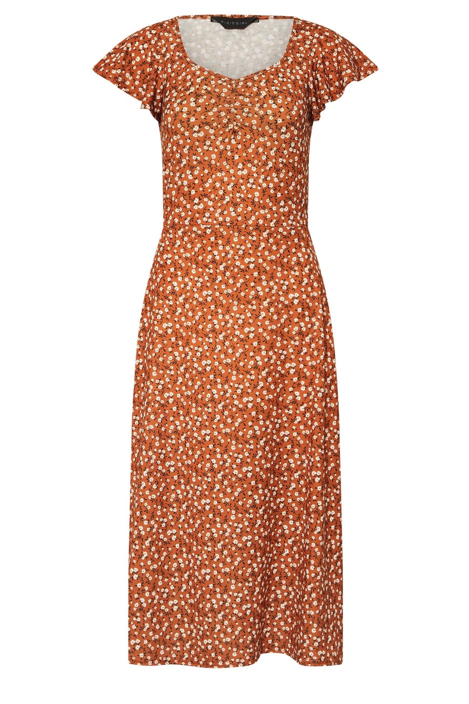 Pixiegirl Rust Orange Ditsy Floral Flutter Sleeve Dress