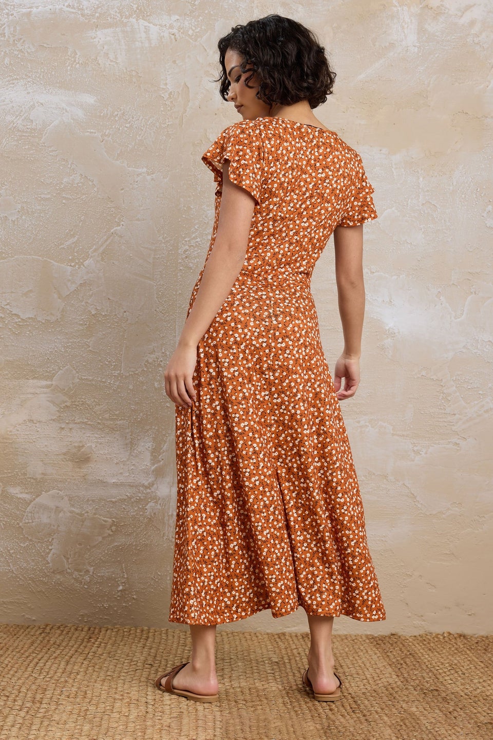 Pixiegirl Rust Orange Ditsy Floral Flutter Sleeve Dress