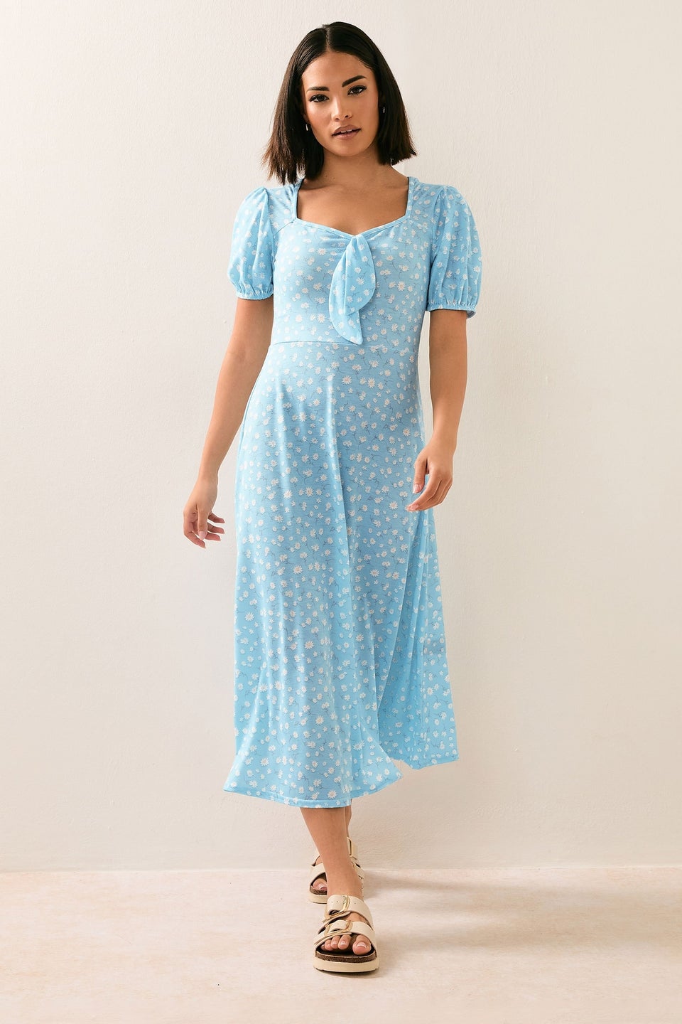 Pixiegirl Blue Daisy Floral Tie Front Midi Dress