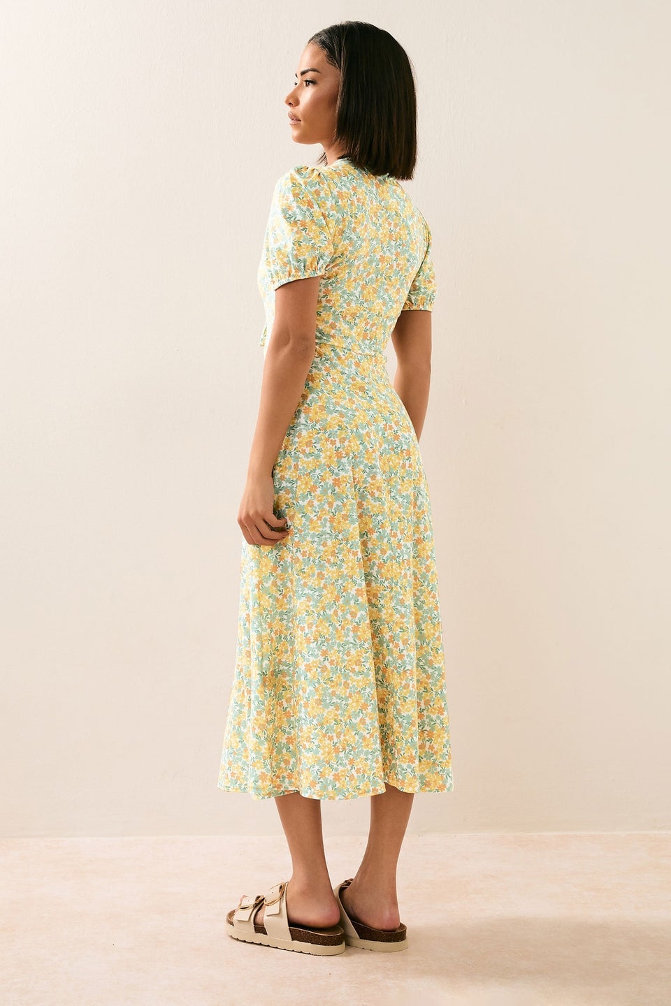 Pixiegirl Yellow Ditsy Floral Tie Front Midi Dress