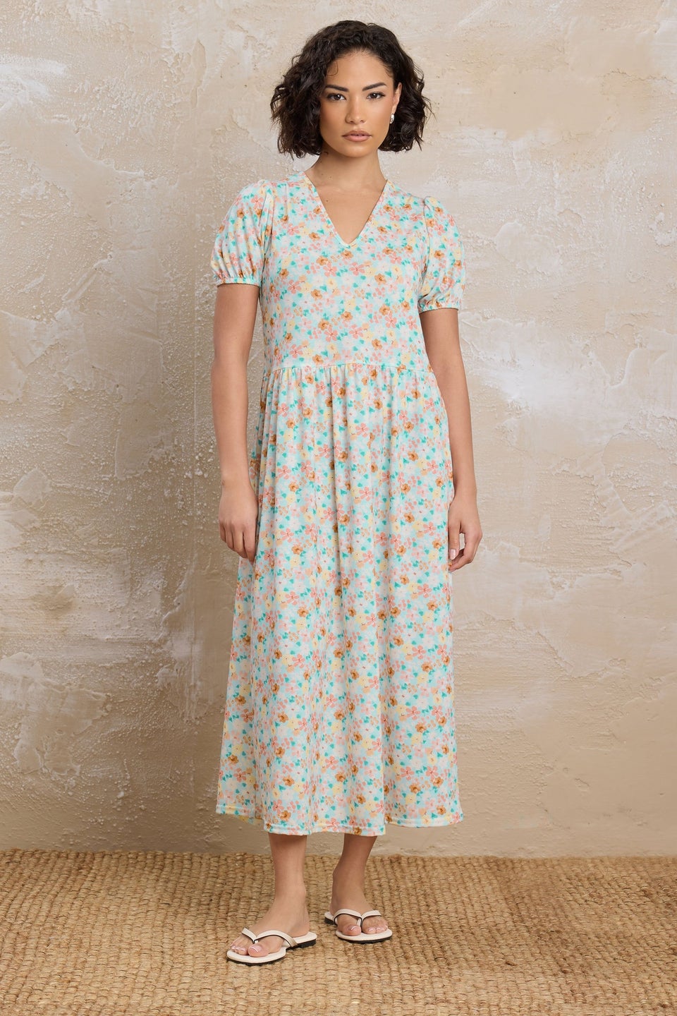 Pixiegirl Light Blue Floral V-Neck Midi Dress