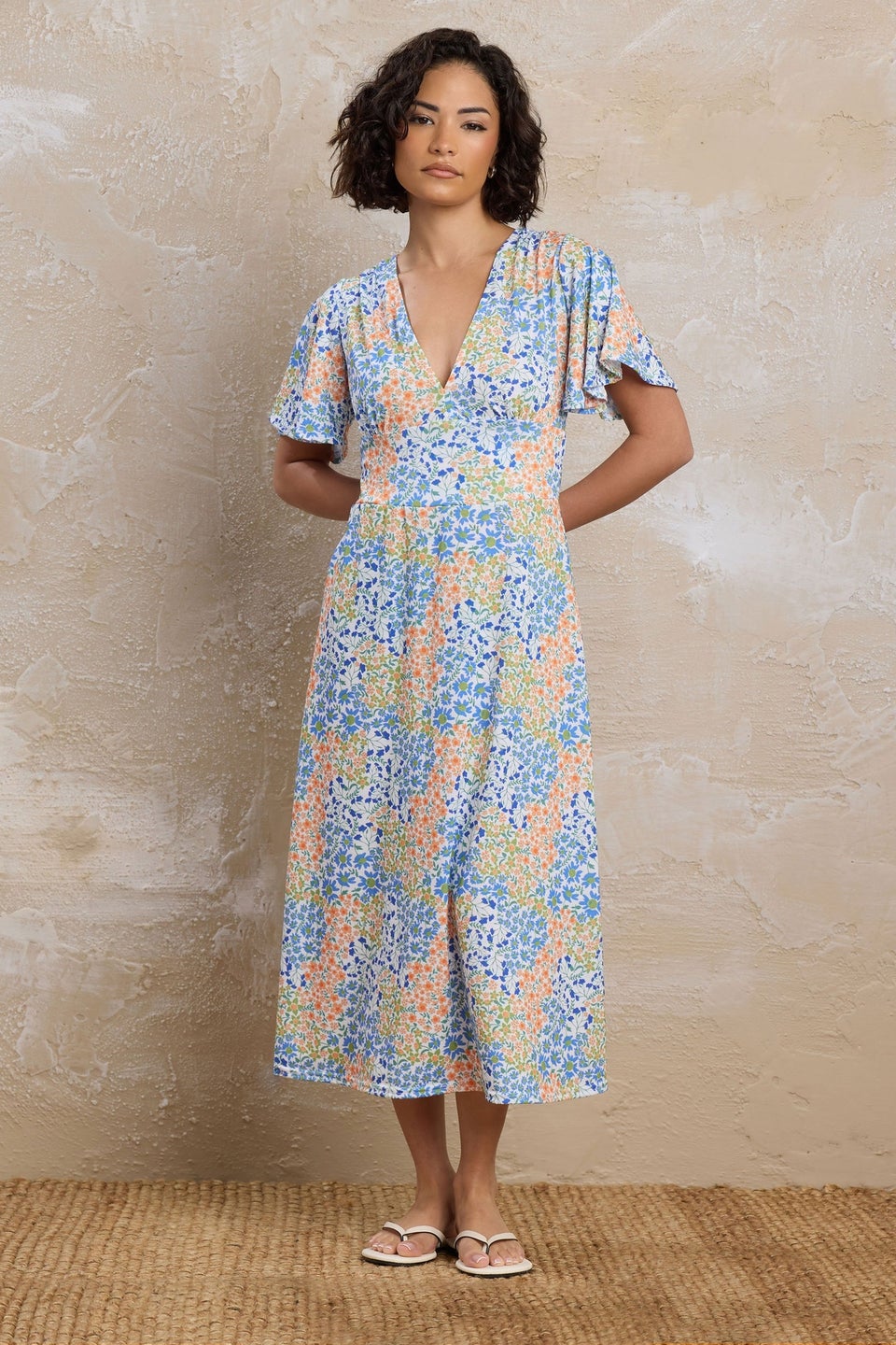 Pixiegirl Blue Floral Flutter Sleeve Midi Dress