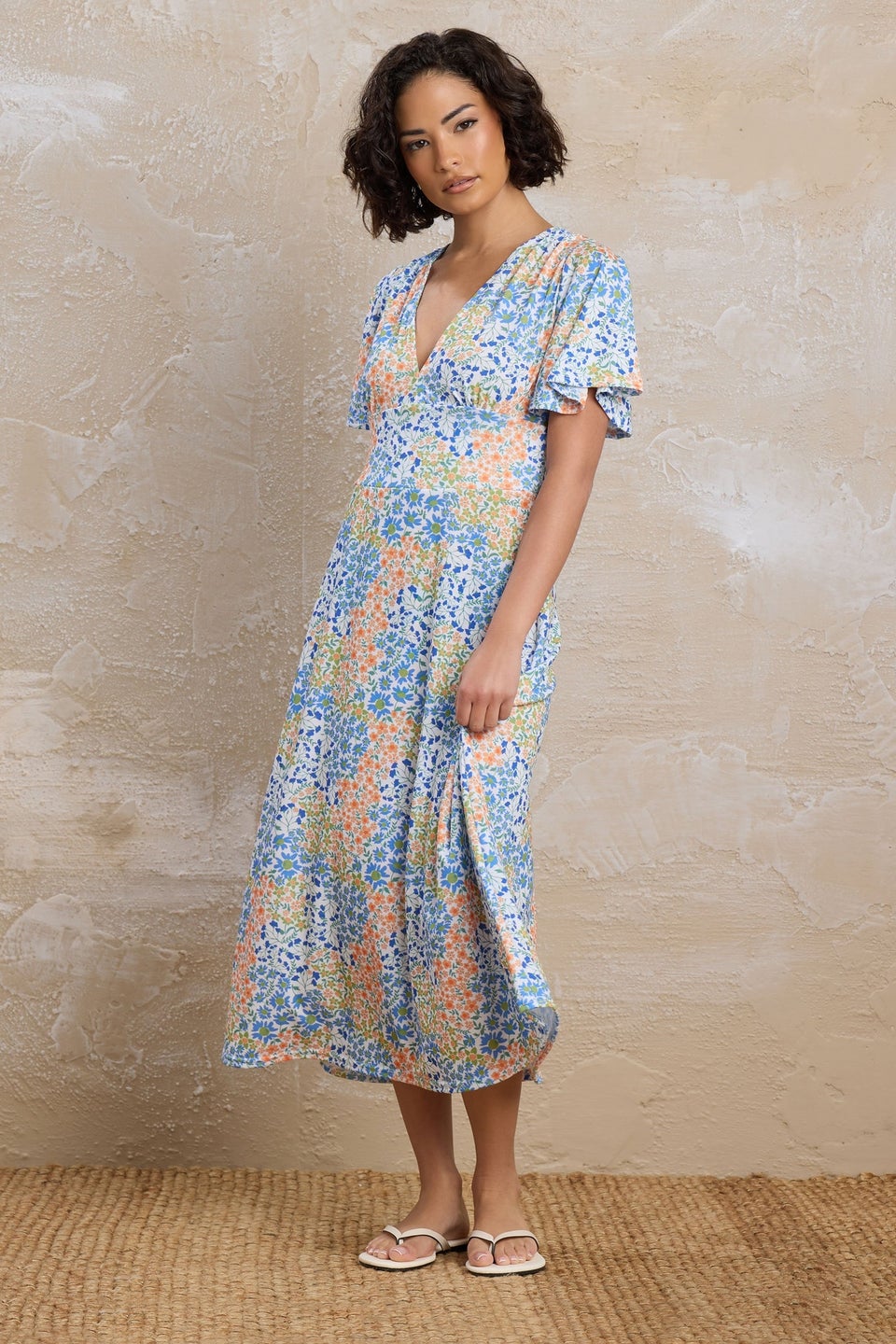 Pixiegirl Blue Floral Flutter Sleeve Midi Dress