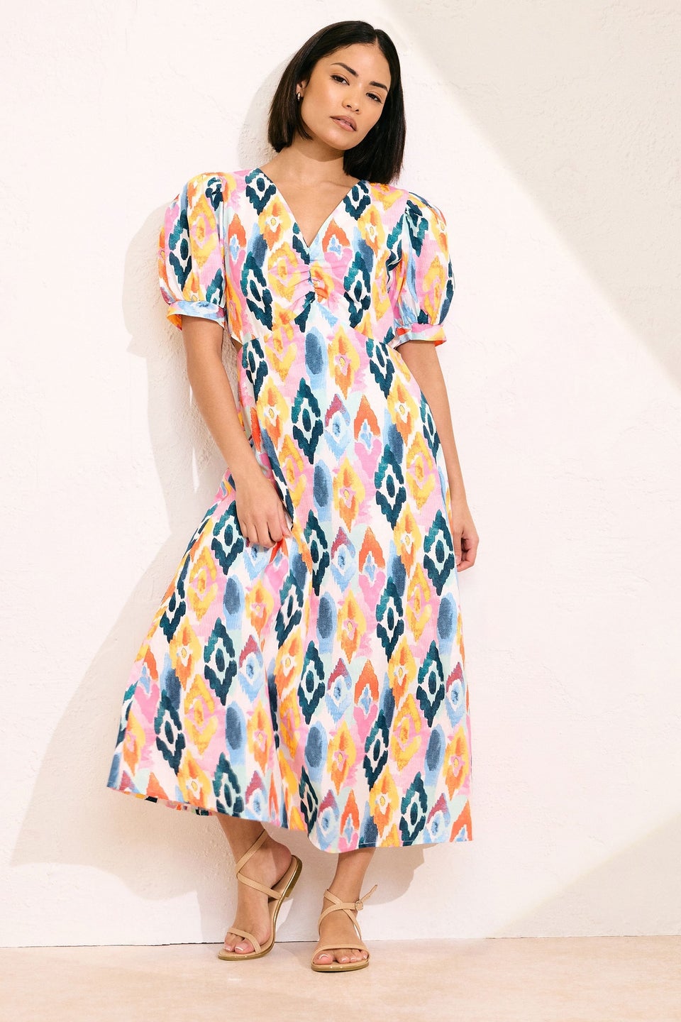 Pixiegirl Pink Linen Abstract Puff Sleeve Midaxi Dress