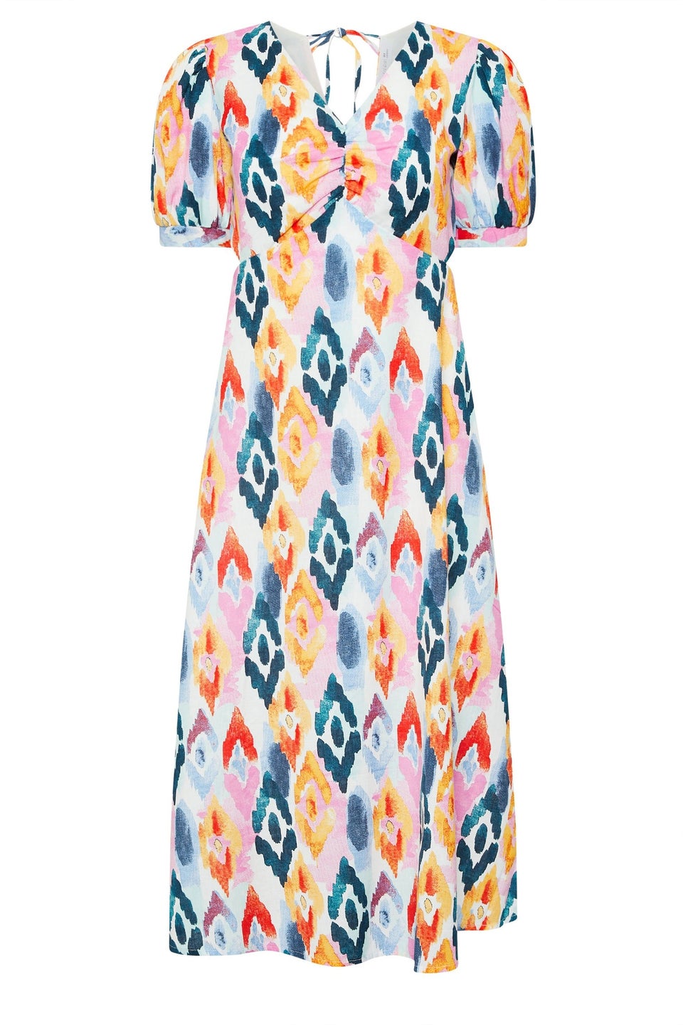 Pixiegirl Pink Linen Abstract Puff Sleeve Midaxi Dress