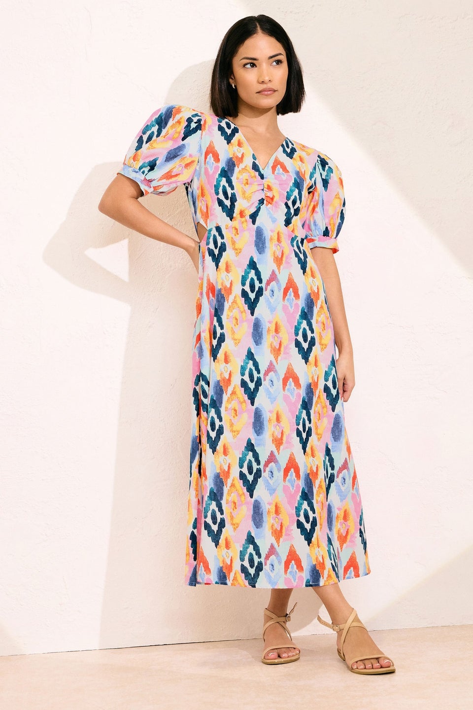 Pixiegirl Pink Linen Abstract Puff Sleeve Midaxi Dress