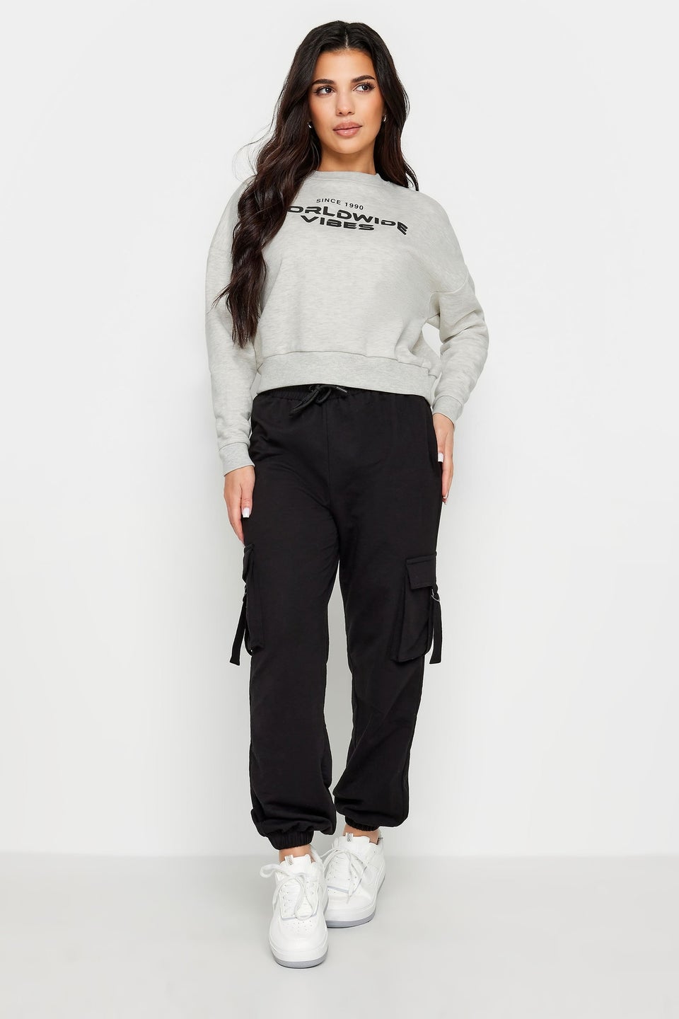 Pixiegirl Light Grey 'Worldwide Vibes' Slogan Cropped Sweatshirt