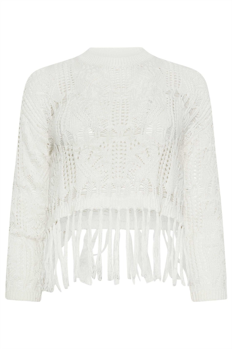 Pixiegirl Petite White Crochet Tassel Jumper