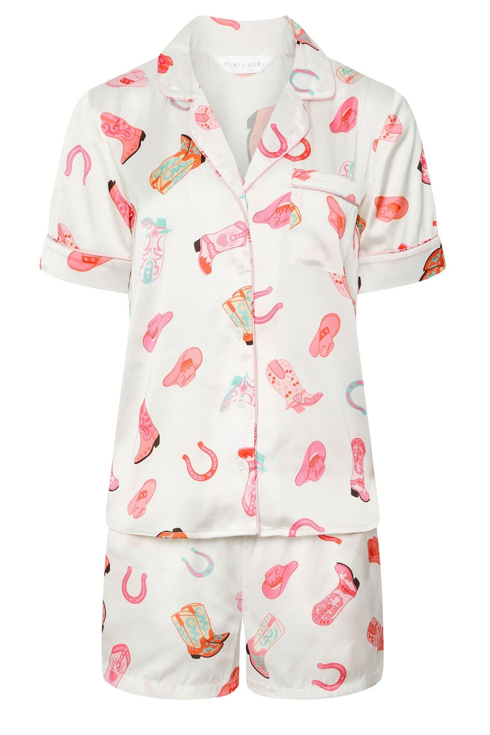 Pixiegirl White Satin Cowboy Graphic Short Pyjama Set