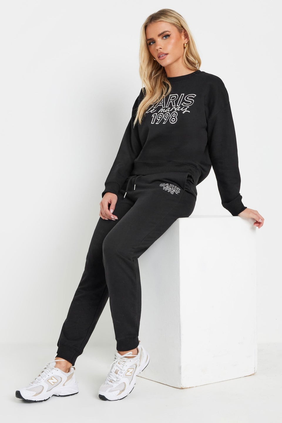 Pixiegirl Petite Black Jersey 'Paris' Slogan Cuffed Joggers