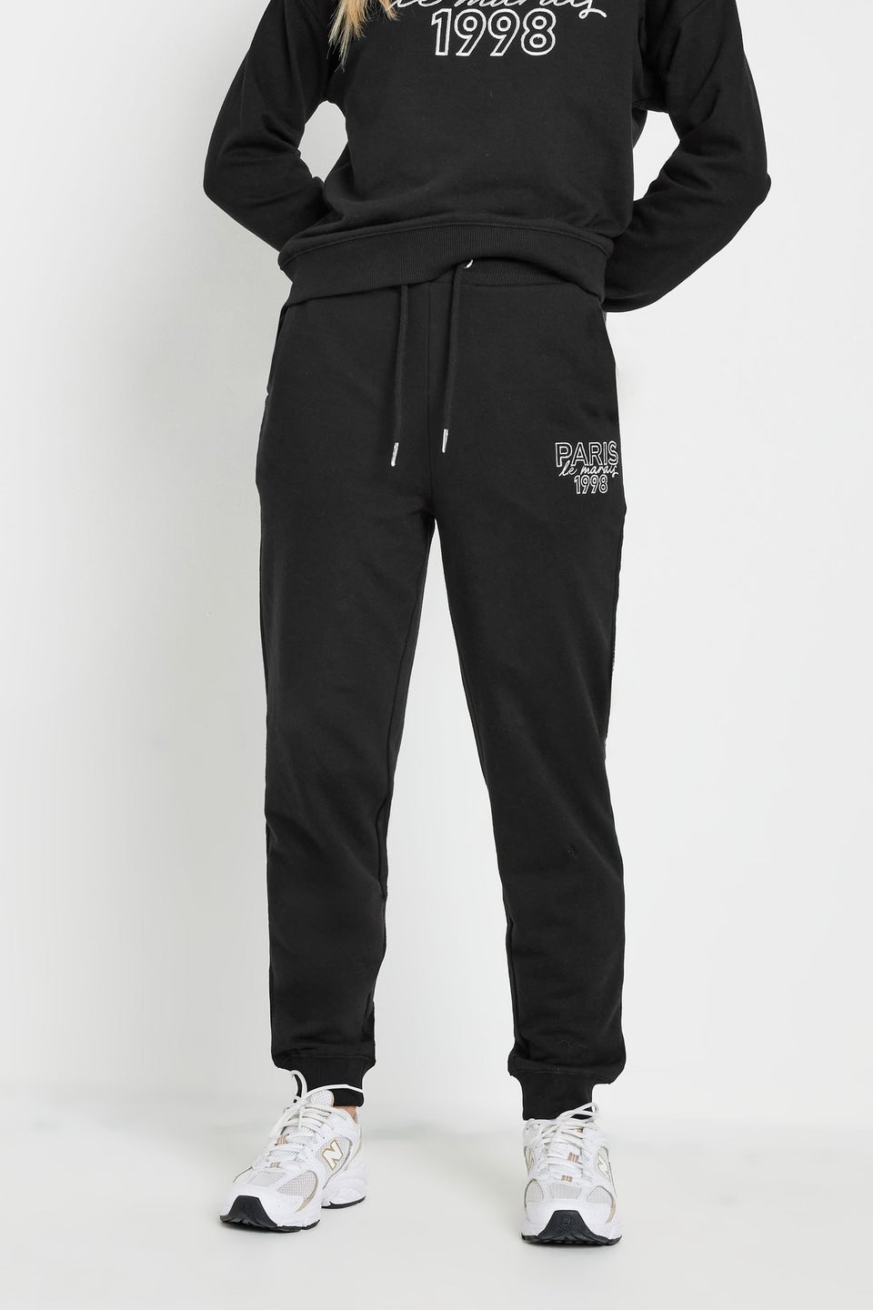 Pixiegirl Petite Black Jersey 'Paris' Slogan Cuffed Joggers
