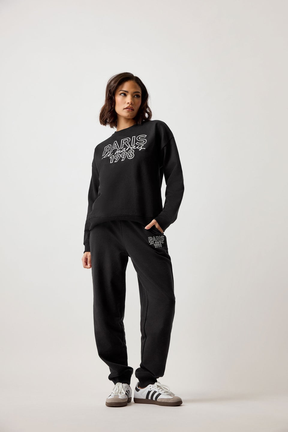 PixieGirl Petite Black Jersey 'Paris' Slogan Cuffed Joggers