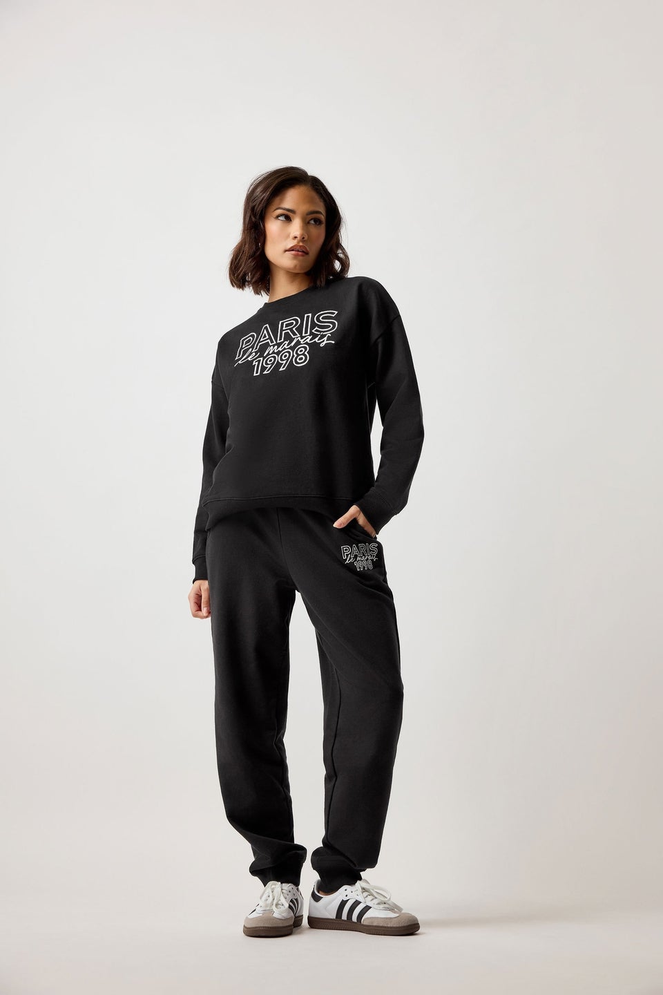 Pixiegirl Petite Black Jersey 'Paris' Slogan Cuffed Joggers