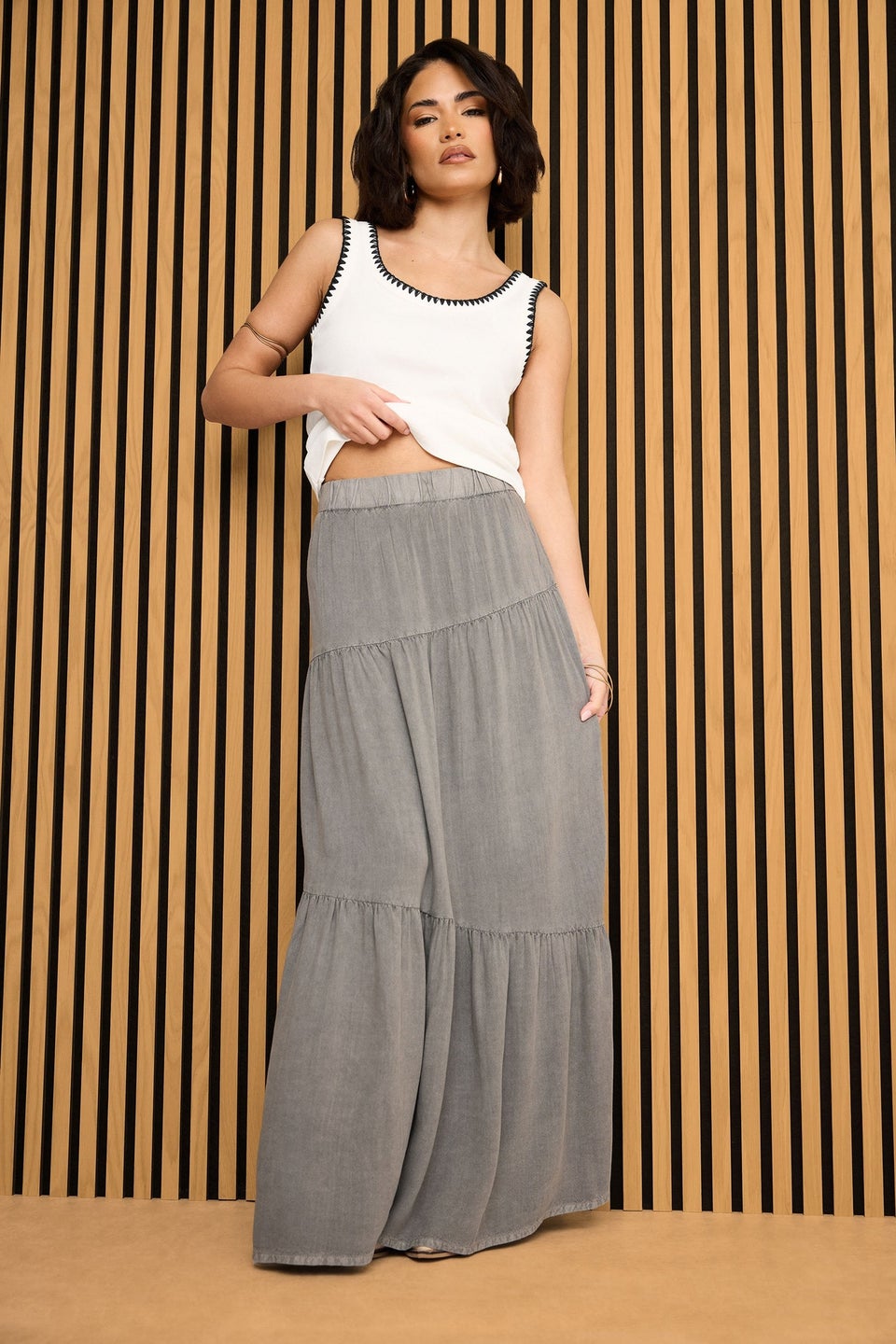 Pixiegirl Charcoal Grey Asymmetric Tiered Maxi Skirt