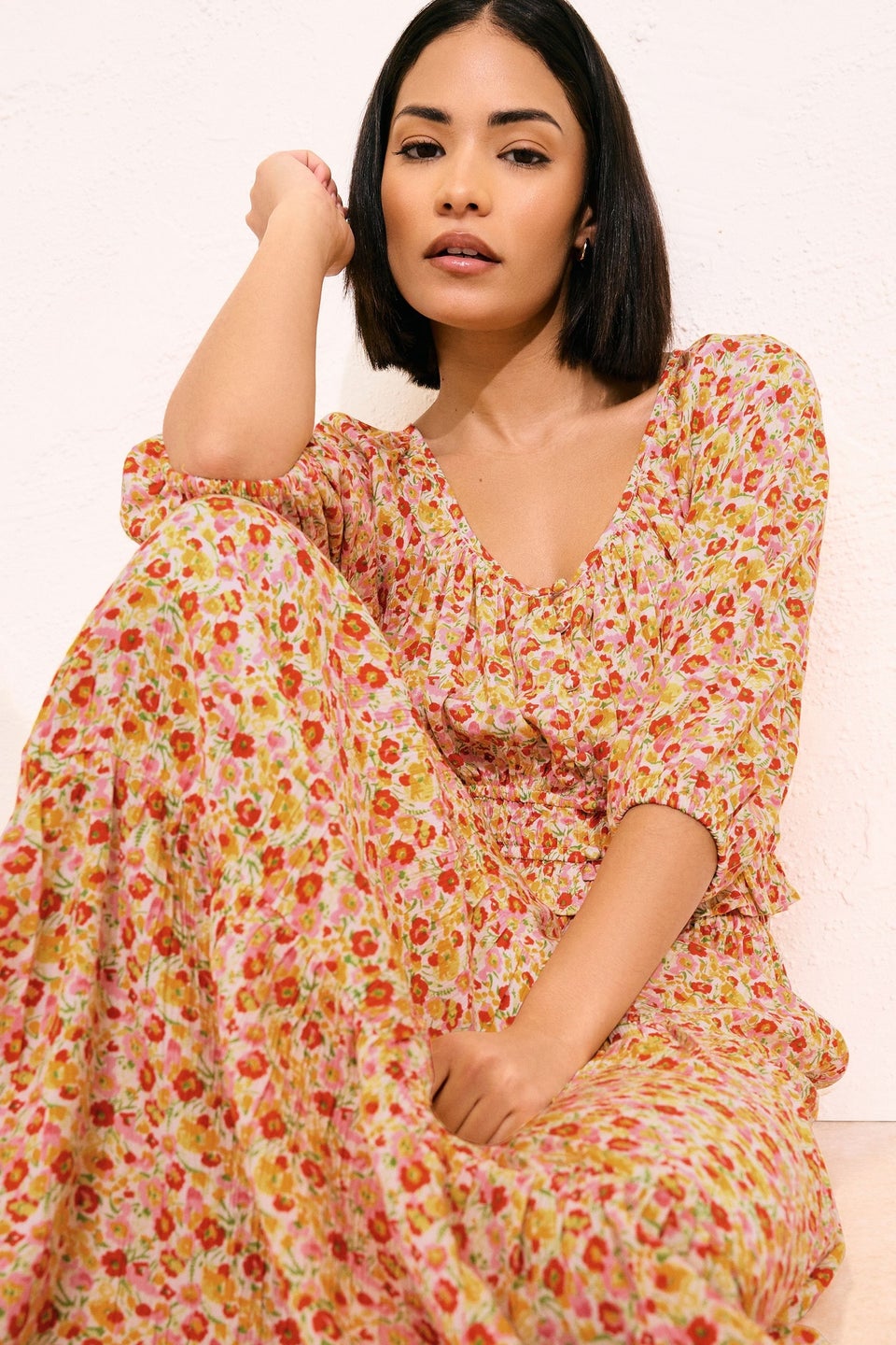 Pixiegirl Orange Ditsy Floral Tiered Maxi Skirt