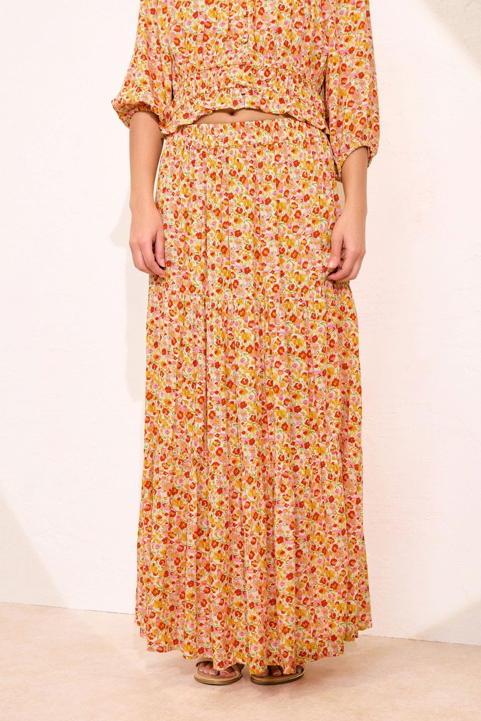 Pixiegirl Orange Ditsy Floral Tiered Maxi Skirt