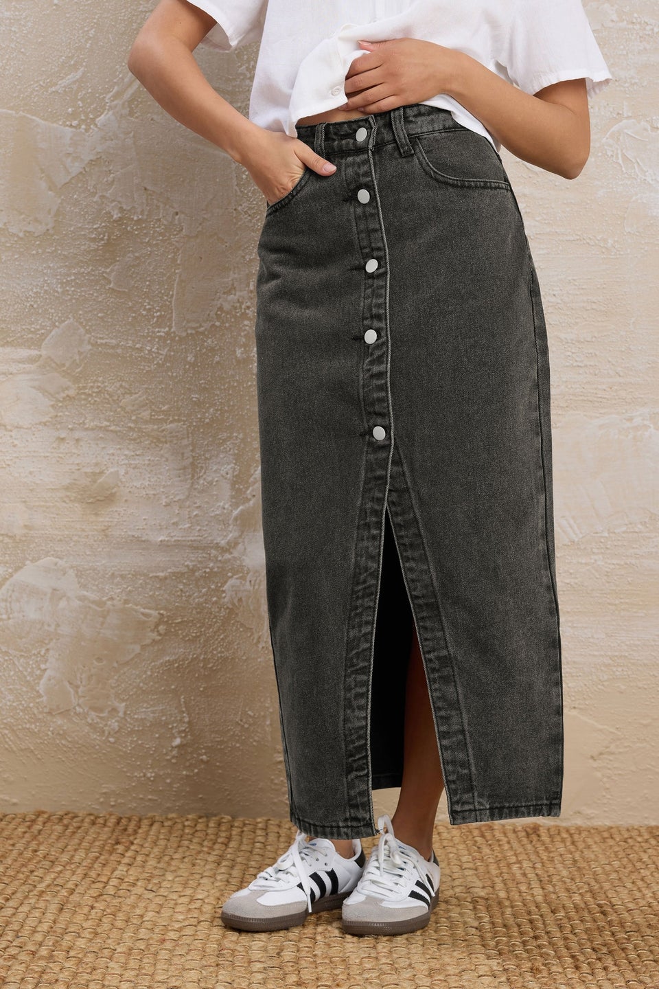 Pixiegirl Black Denim Button Midi Skirt
