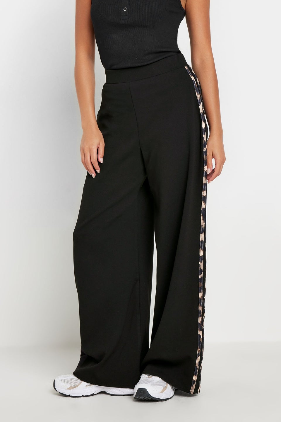 Pixiegirl Black Leopard Print Side Stripe Wide Leg Trousers