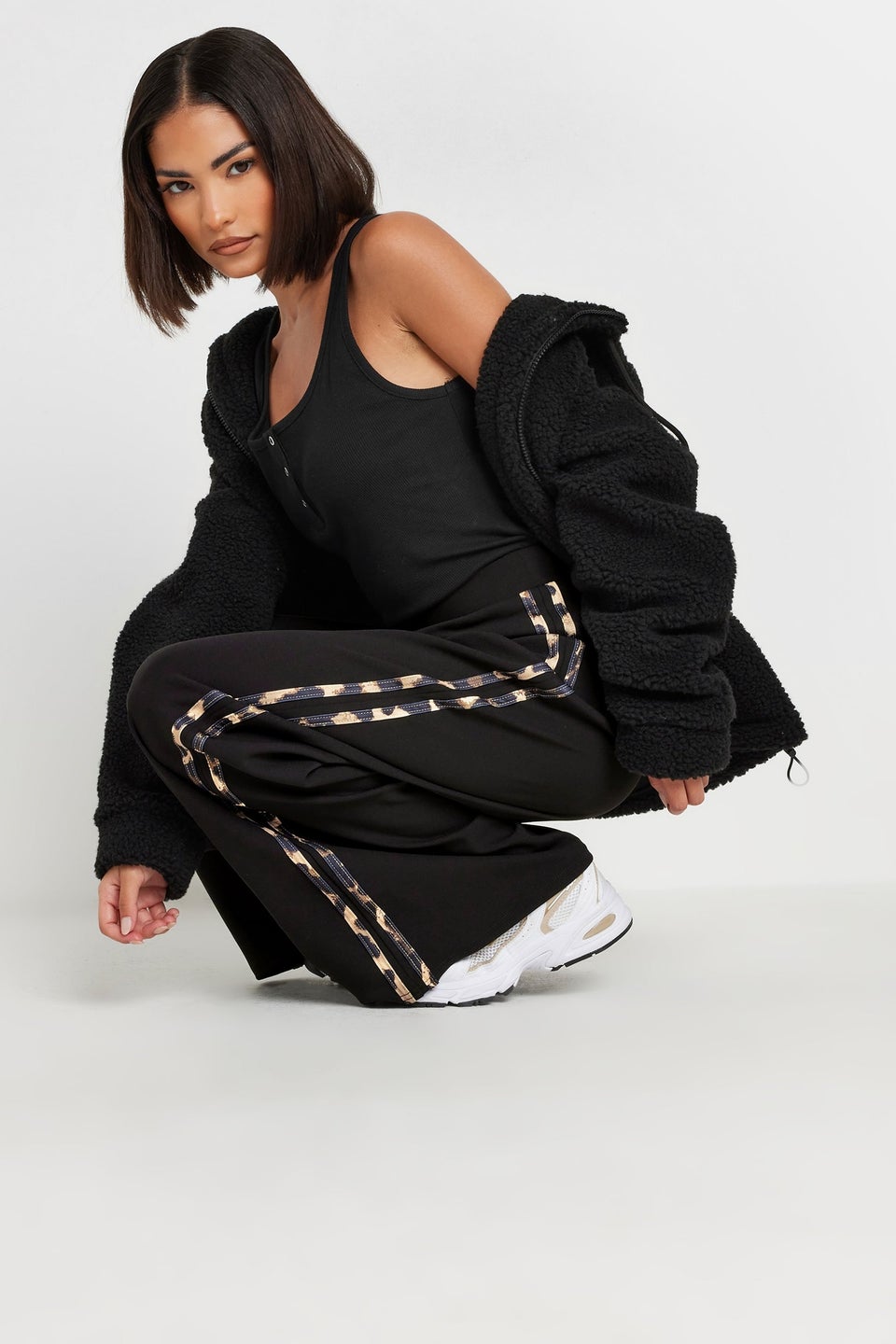 Pixiegirl Black Leopard Print Side Stripe Wide Leg Trousers