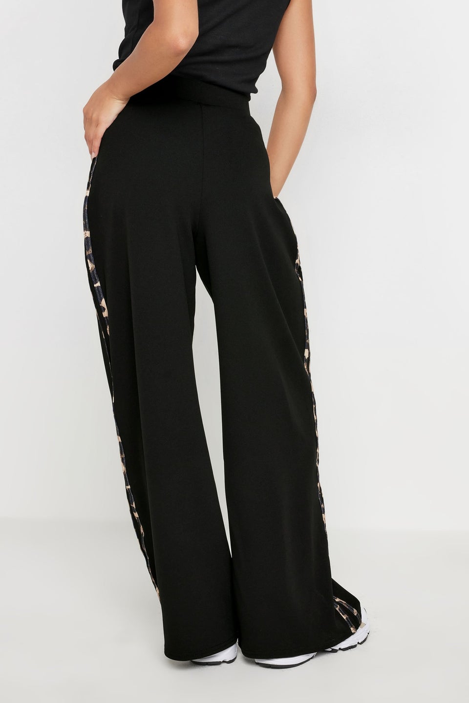 Pixiegirl Black Leopard Print Side Stripe Wide Leg Trousers