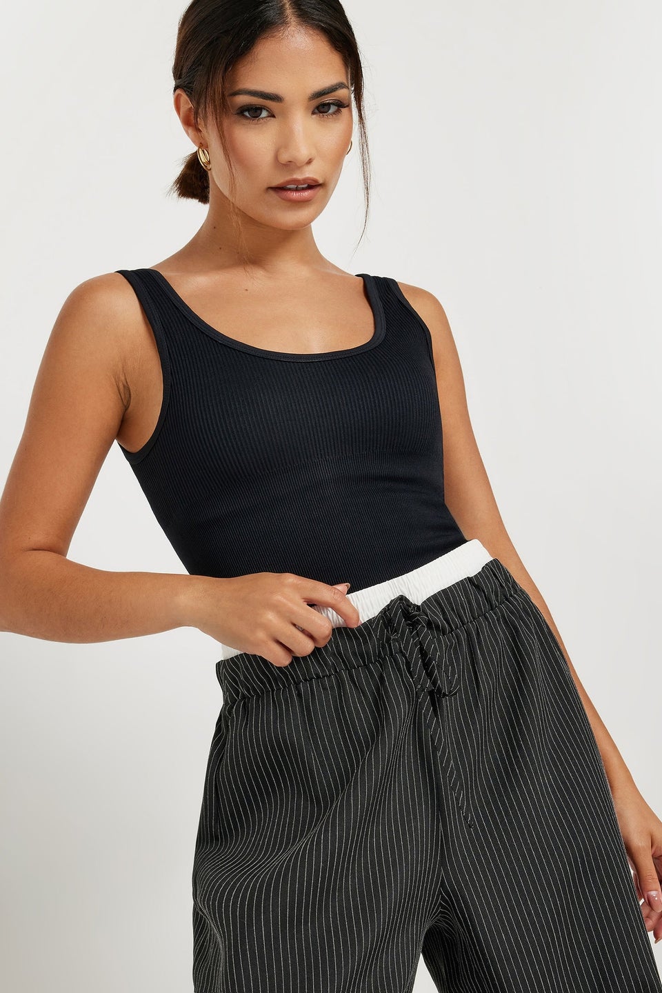 Pixiegirl Petite Black Pinstripe Contrast Waist Trousers