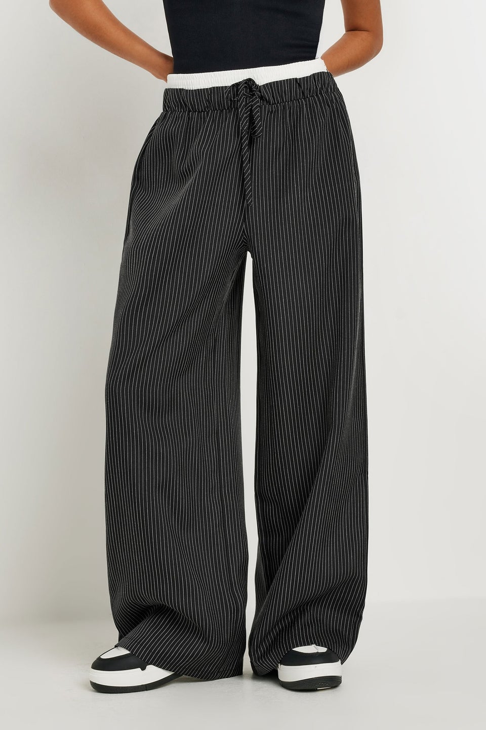 Pixiegirl Petite Black Pinstripe Contrast Waist Trousers