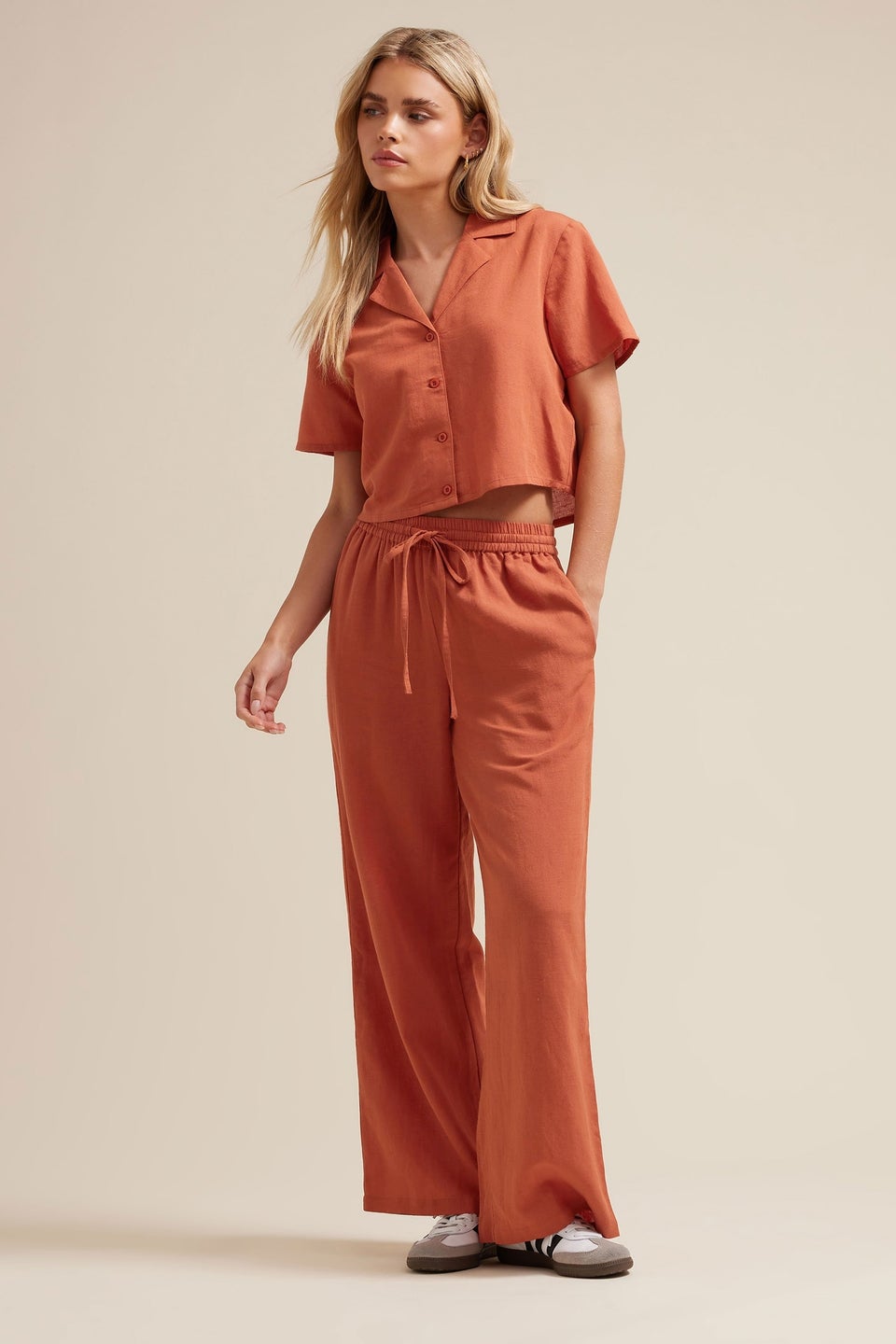 Pixiegirl Rust Orange Linen Drawstring Wide Leg Trousers
