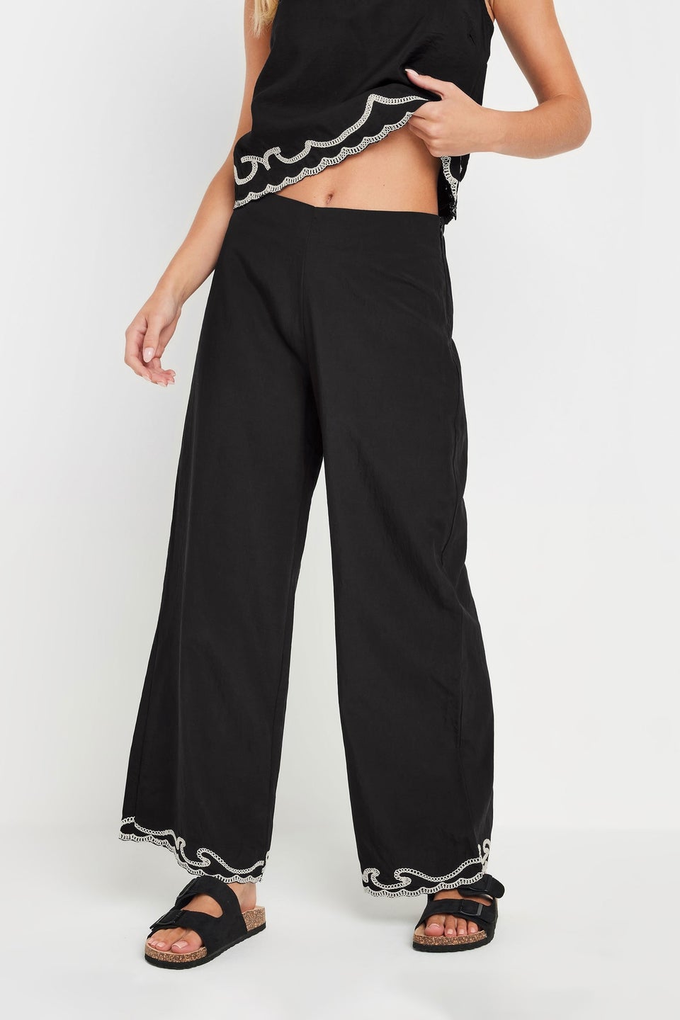 PixieGirl Petite Black Embroidered Hemline Trousers