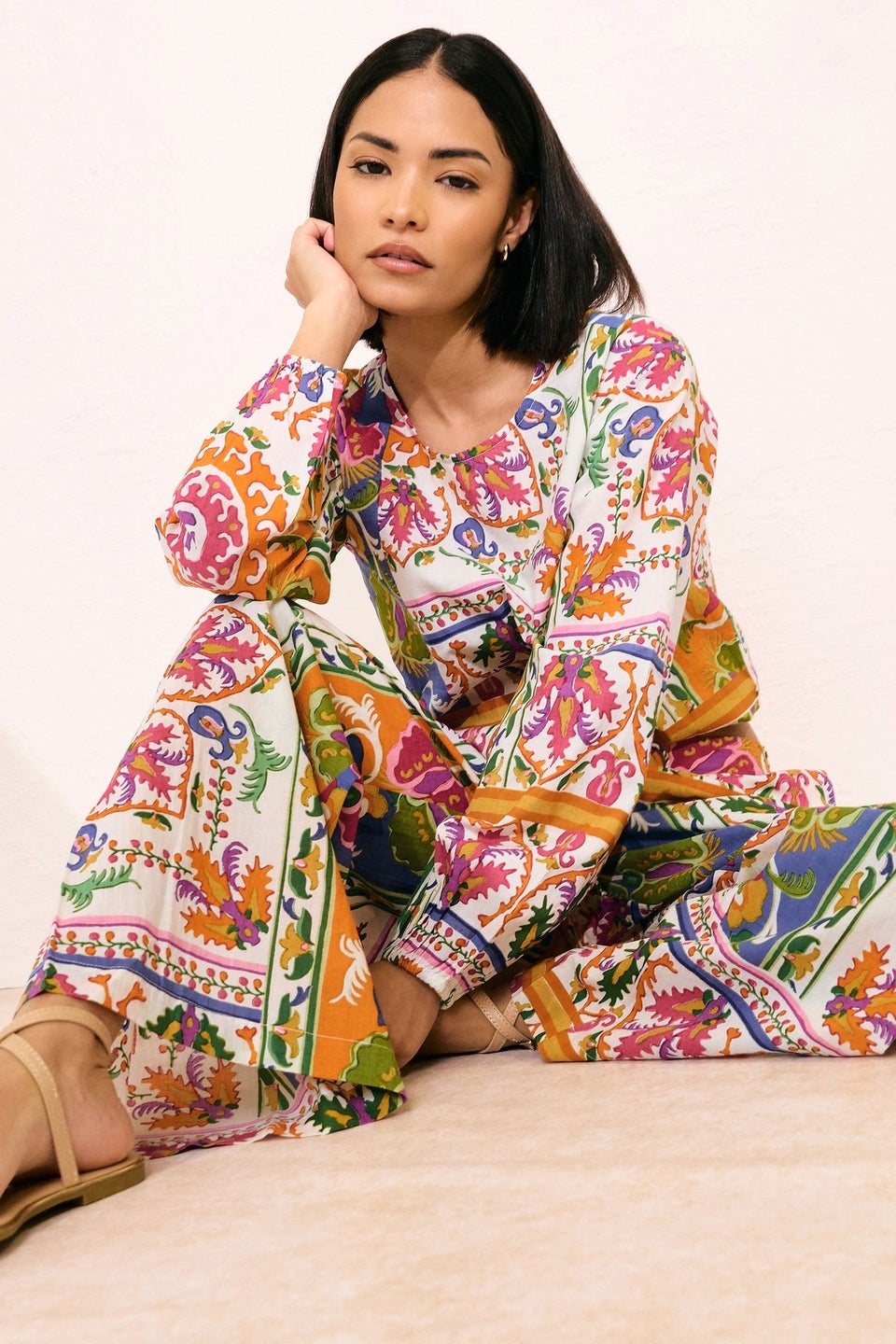 Pixiegirl Petite Orange Abstract Tile Print Wide Leg Trousers