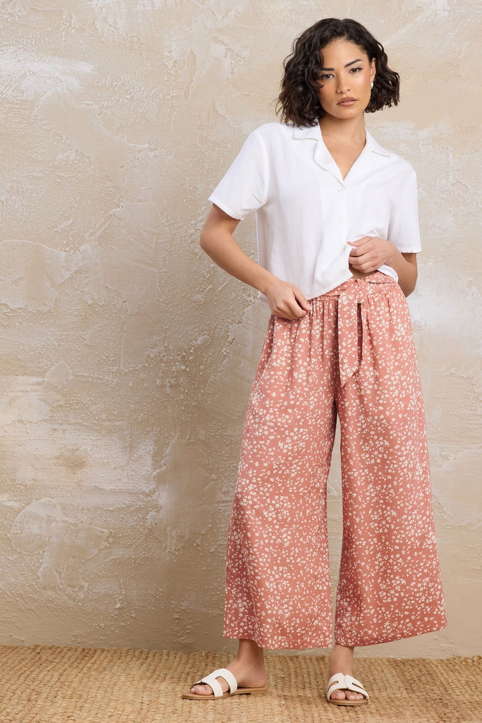 Pixiegirl Coral Pink Ditsy Floral Cropped Trousers